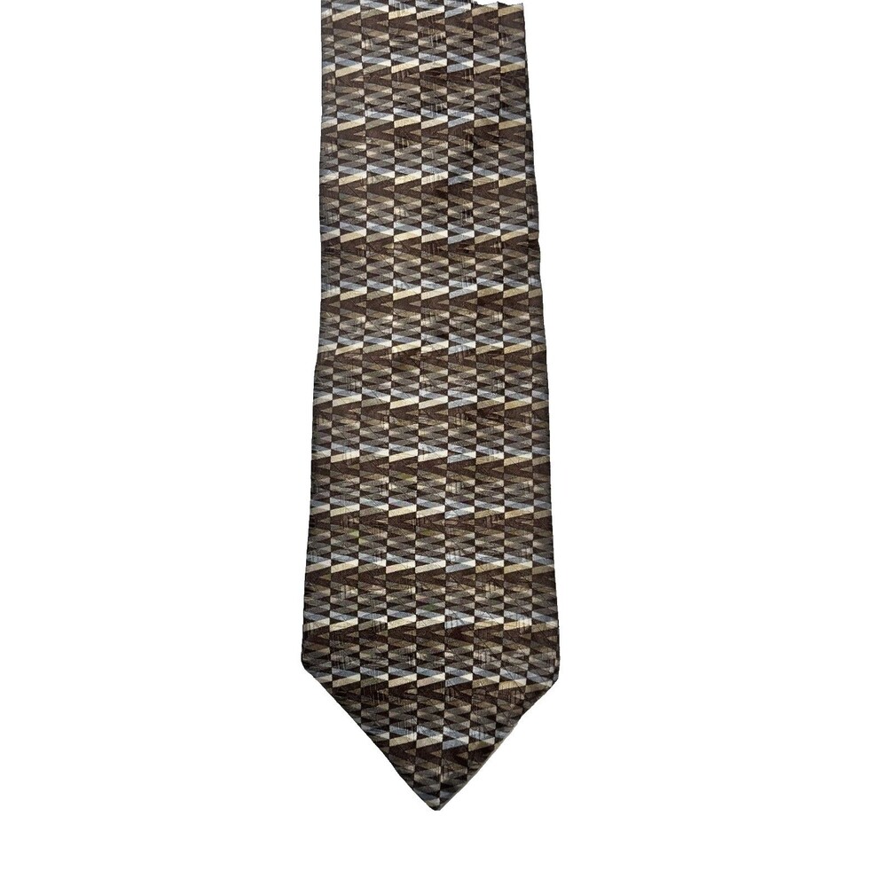 Milano Uomo Men’s 100% Silk Tie Brown Gray Geometric Stripe